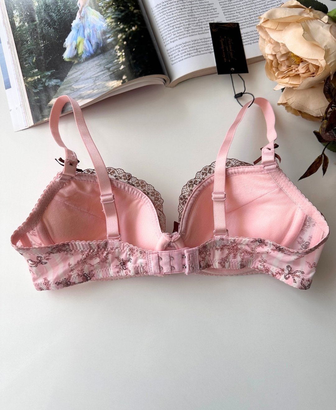 Aria Pembe Kahverengi Çiçek Desenli Push-up Puantiyeli Vintage Sütyen Pembe - 85B