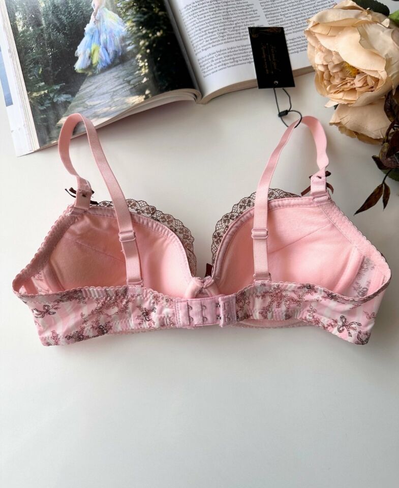 Aria Pembe Kahverengi Çiçek Desenli Push-up Puantiyeli Vintage Sütyen Pembe - 85B