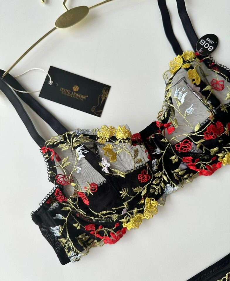Gipsy Kadın Siyah Transparan Çiçek İşlemeli Sütyen Tanga Takım