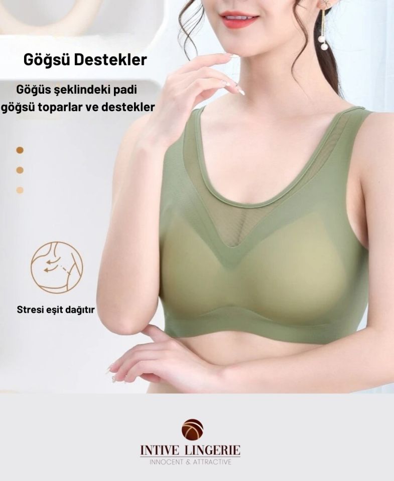 Isabel Tül Detaylı İthal Dikişsiz Balensiz İce-Silk Bralet-Spor Sütyeni -681 Yeşil - M/L