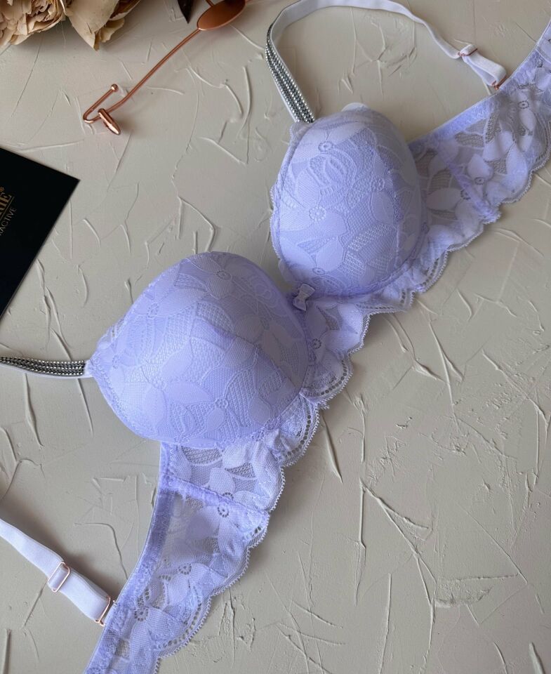 Jasmine Askıları Parlak Taşlı Hafif Destekli Dantelli Soft Cup İthal Sütyen (B-C Cup) Lila - 85