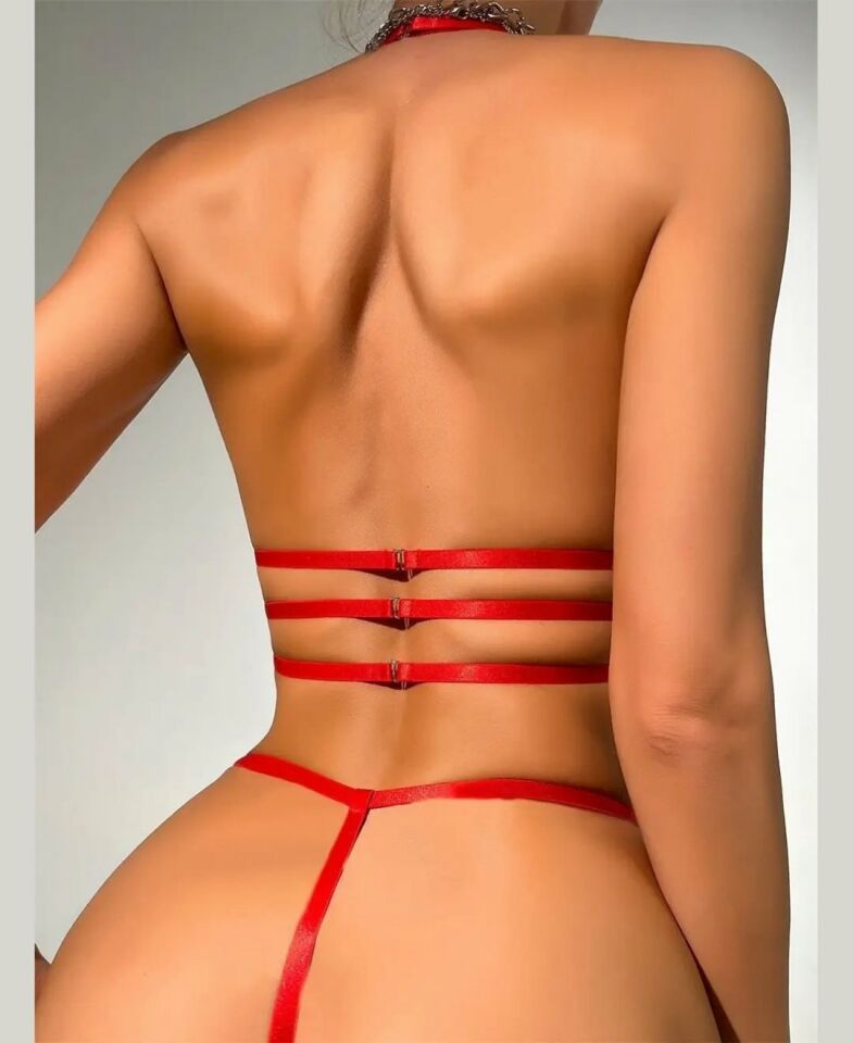 Intive Yapıştırma Taşlı Kalp Kalıp Jartiyerli String Fantezi Bralet Takım-3465/3466 Kırmızı - Tek Ebat