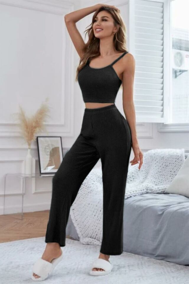 YNT Viskon Siyah 3 Lü Trend Crop Takım 7010 Siyah - XL