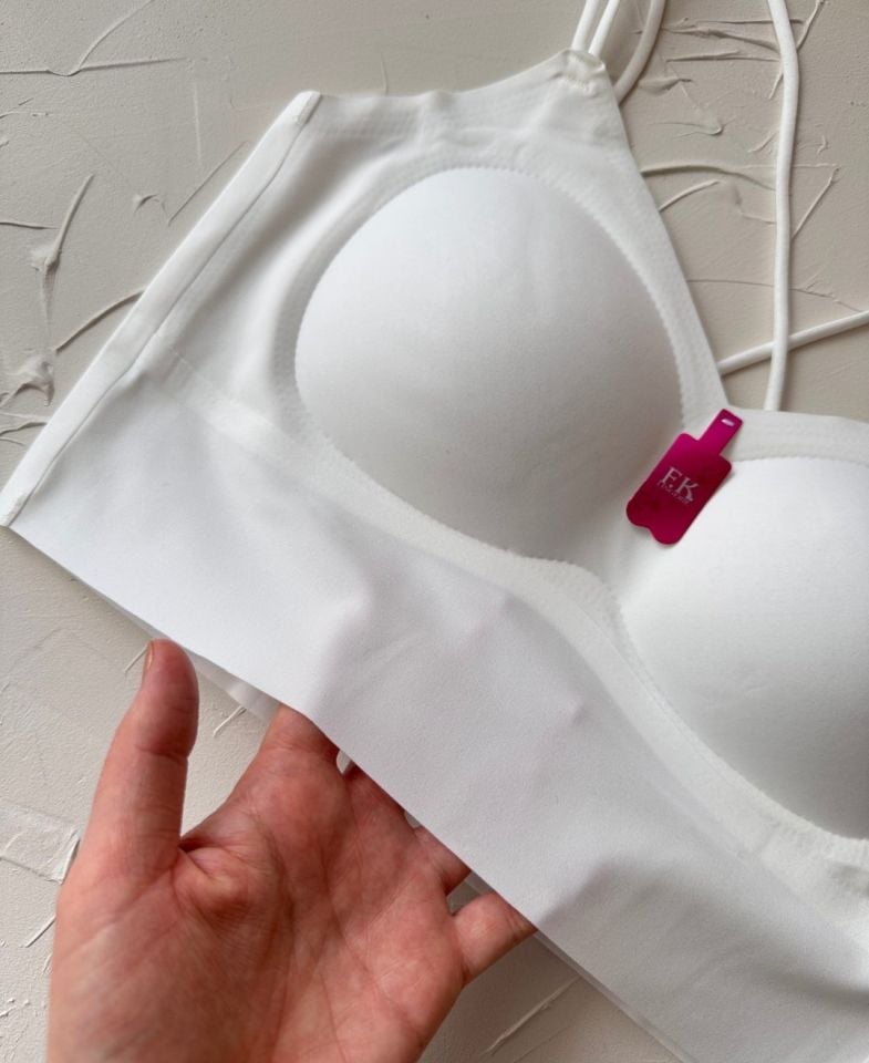 Carma Arkası Çapraz Dekolte İce-Silk Balensiz Dikişsiz Push-up İthal Spandex Sütyen/Büstiyer Beyaz - M/L