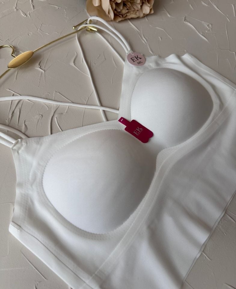 Carma Arkası Çapraz Dekolte İce-Silk Balensiz Dikişsiz Push-up İthal Spandex Sütyen/Büstiyer Beyaz - M/L