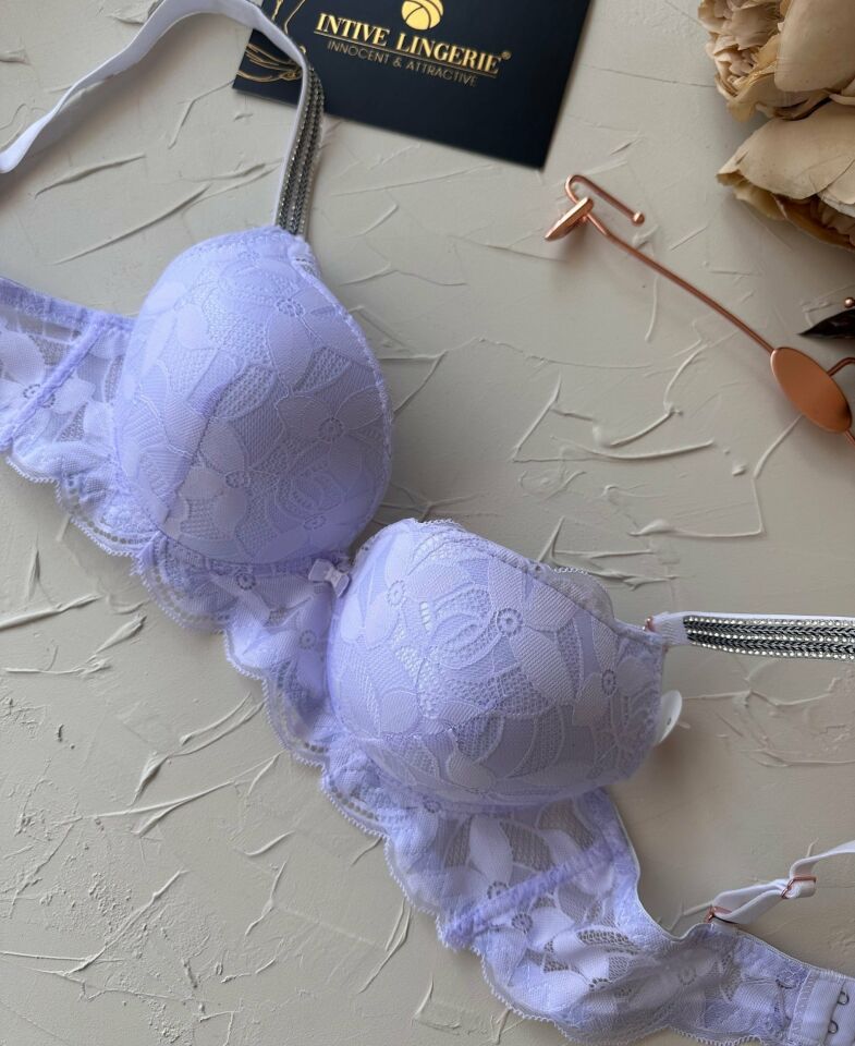 Jasmine Askıları Parlak Taşlı Hafif Destekli Dantelli Soft Cup İthal Sütyen (B-C Cup) Lila - 95