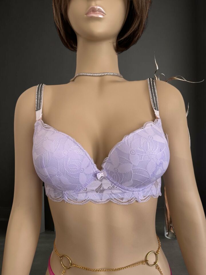 Jasmine Askıları Parlak Taşlı Hafif Destekli Dantelli Soft Cup İthal Sütyen (B-C Cup) Lila - 95