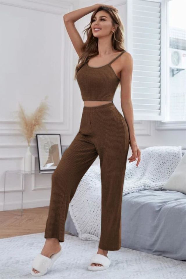 YNT Viskon Kahverengi 3 Lü Trend Crop Takım 7015 Kahverengi - L