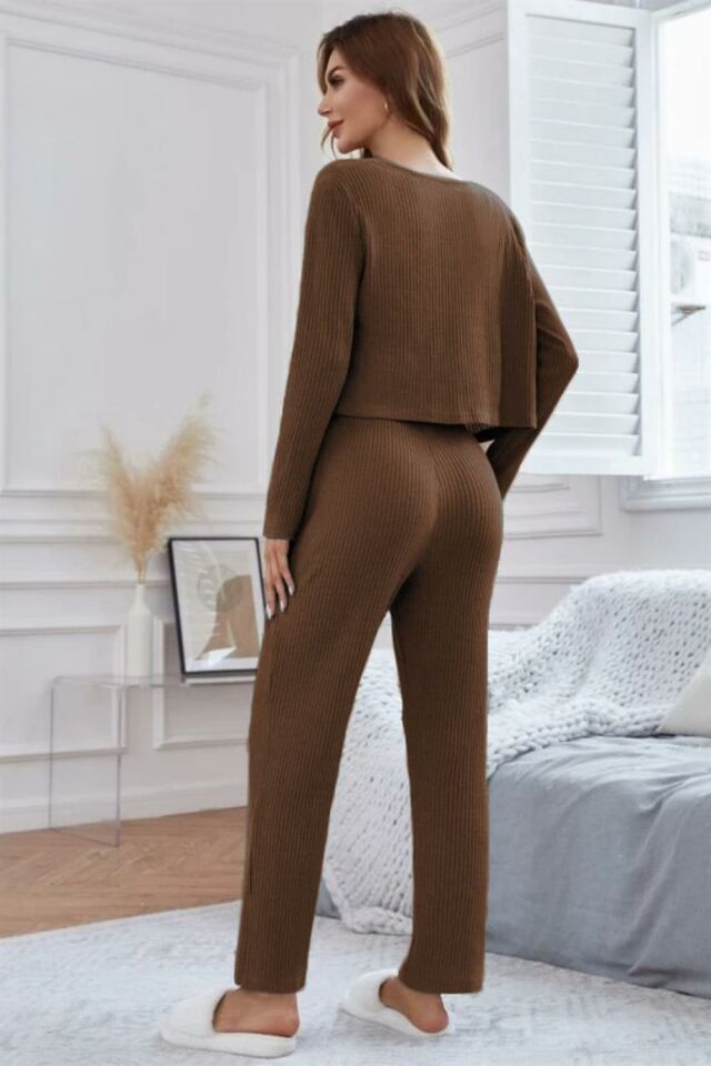 YNT Viskon Kahverengi 3 Lü Trend Crop Takım 7015 Kahverengi - XL