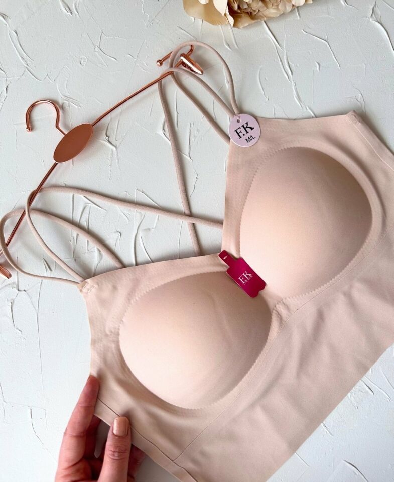 Carma Arkası Çapraz Dekolte İce-Silk Balensiz Dikişsiz Push-up İthal Spandex Sütyen/Büstiyer Pudra  - M/L