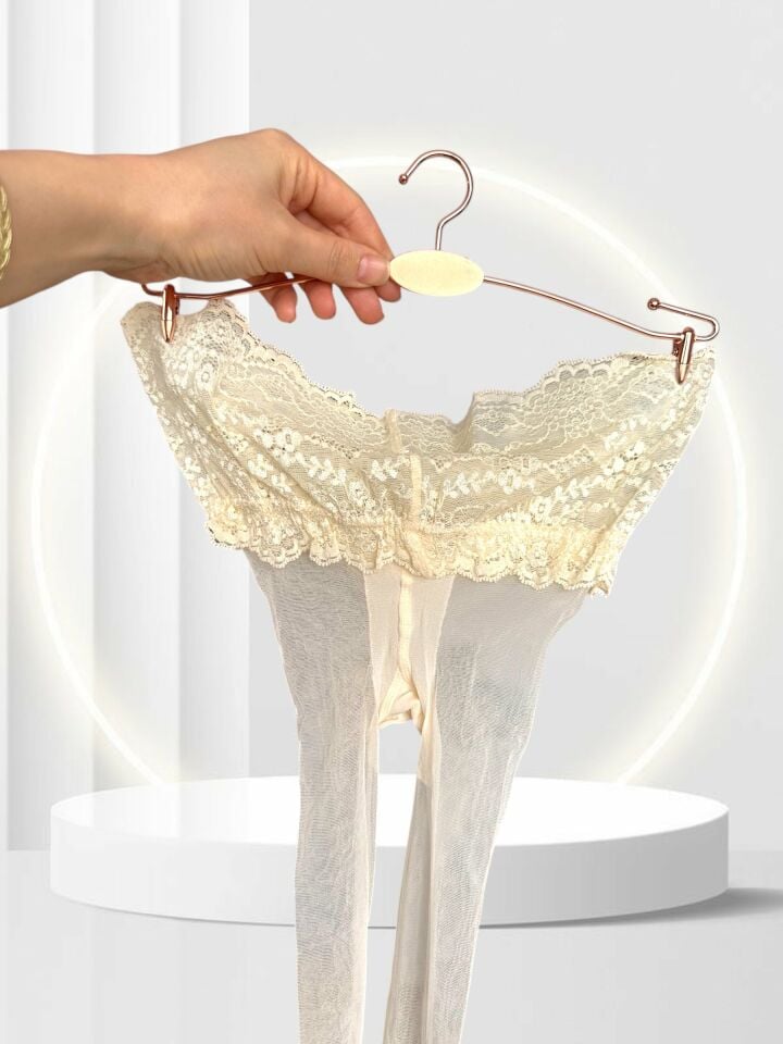 Bride Vanilya Renk Gelinlik Altı Beli 15 Den Yüksek Dantelli Silikonlu Külodu Şeffaf Külotlu Çorap Vanilya - S