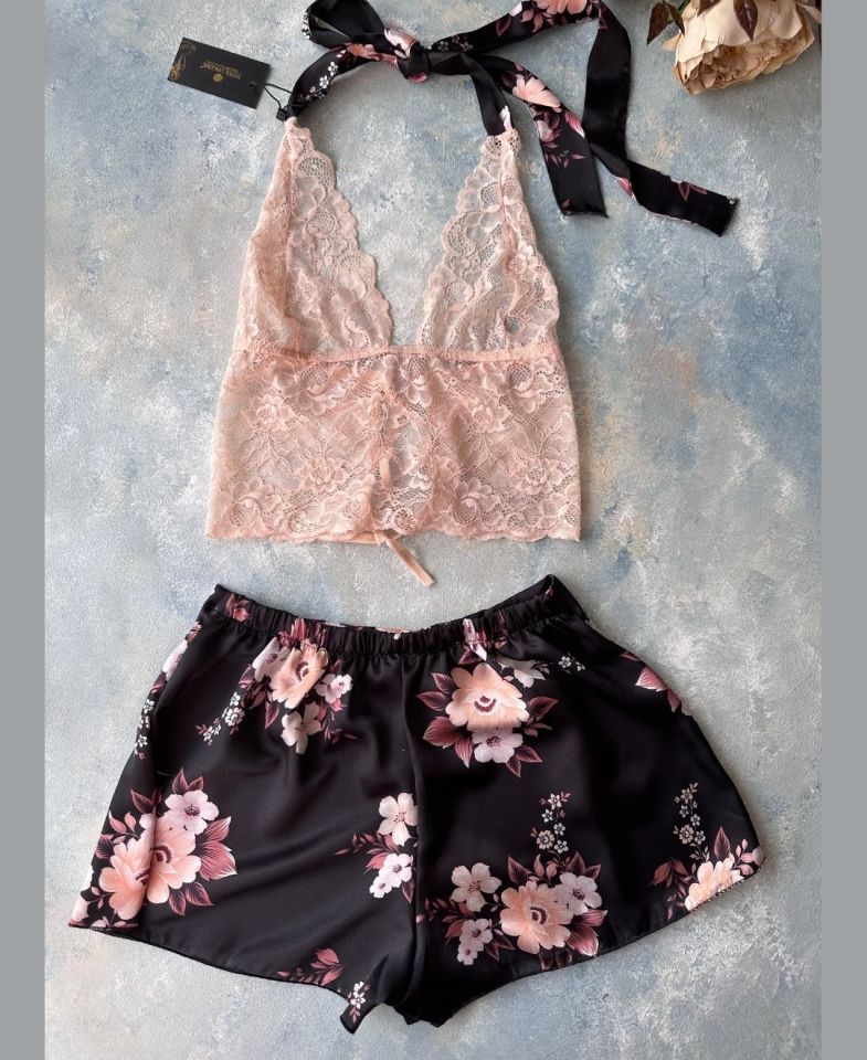 Kadın Saten Pudra Boyundan Bağlamalı Bralet Çiçekli Mini Şort Takım -3524 Pudra  - S