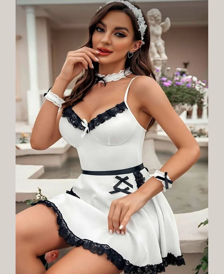 Lily Bianca Beyaz İnce Askılı Mini Önlüklü Kadın Fantezi Hizmetçi Takım -129 Beyaz - L/XL