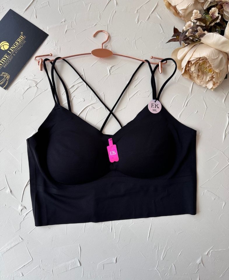 Carma Arkası Çapraz Dekolte İce-Silk Balensiz Dikişsiz Push-up İthal Spandex Sütyen/Büstiyer Siyah - M/L