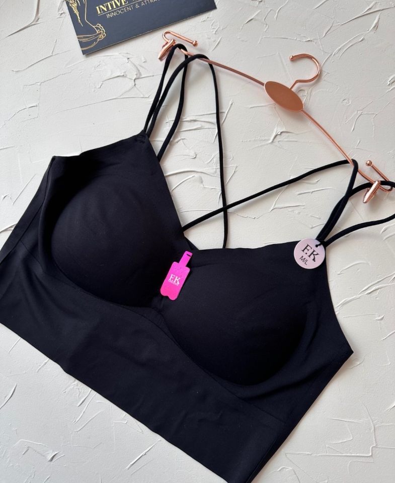 Carma Arkası Çapraz Dekolte İce-Silk Balensiz Dikişsiz Push-up İthal Spandex Sütyen/Büstiyer Siyah - M/L