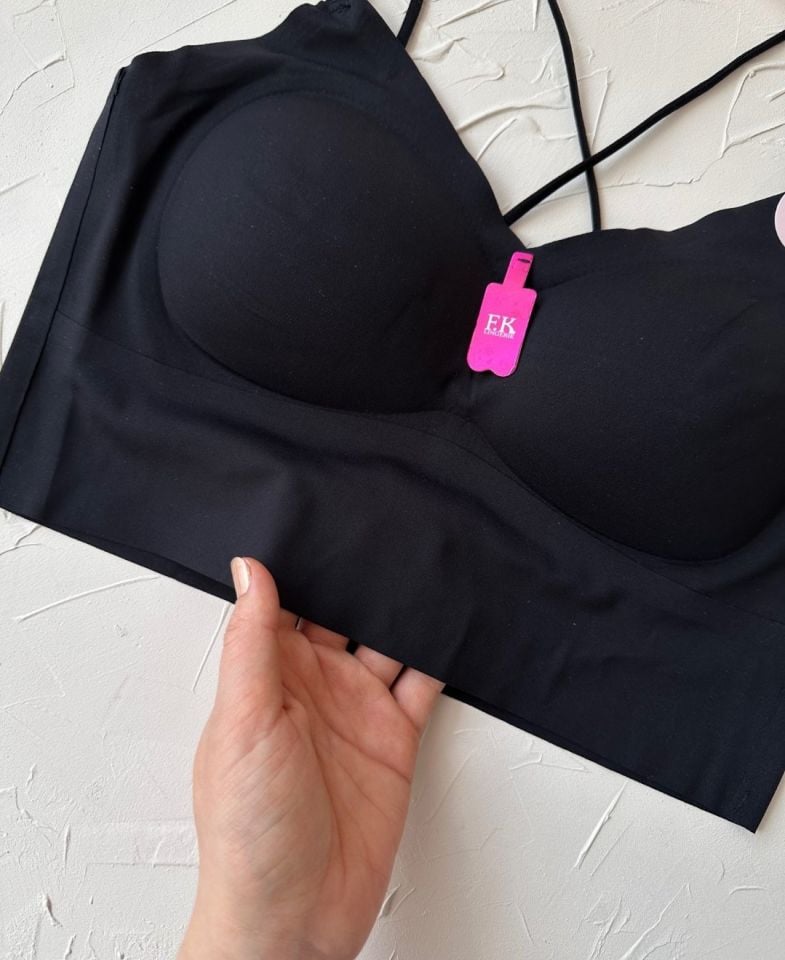 Carma Arkası Çapraz Dekolte İce-Silk Balensiz Dikişsiz Push-up İthal Spandex Sütyen/Büstiyer Siyah - M/L