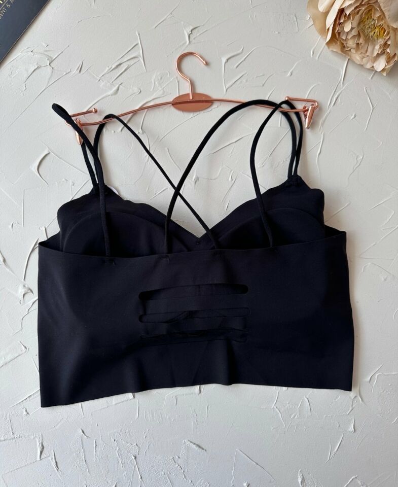 Carma Arkası Çapraz Dekolte İce-Silk Balensiz Dikişsiz Push-up İthal Spandex Sütyen/Büstiyer Siyah - XL/2XL