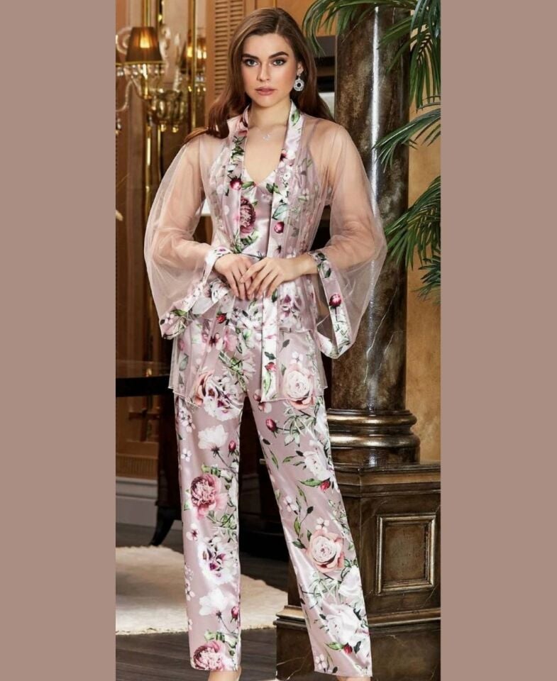 Jeremi Pudra Çiçek Desenli Saten İpek Kolları Transparan 3 Parça Pijama Takımı-3053 Pudra  - XL