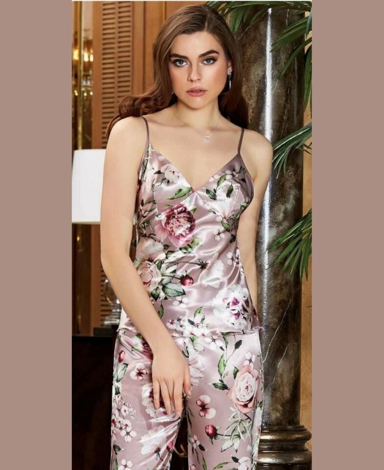 Jeremi Pudra Çiçek Desenli Saten İpek Kolları Transparan 3 Parça Pijama Takımı-3053 Pudra  - XL