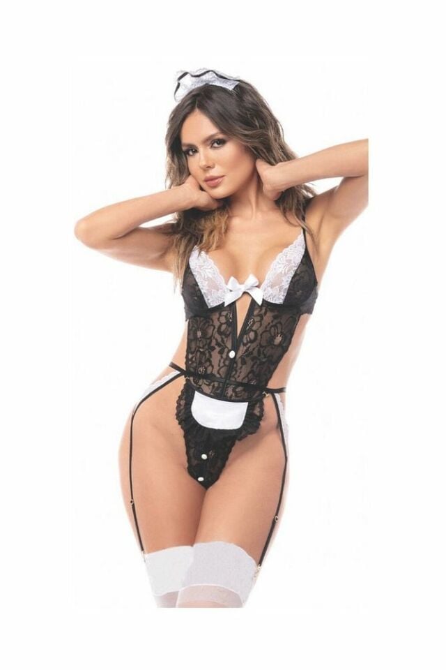 Kadın Siyah/Beyaz Dantelli Jartiyerli Bodysuit (Toka ve Çoraplı)-8473 Siyah/Beyaz - XL