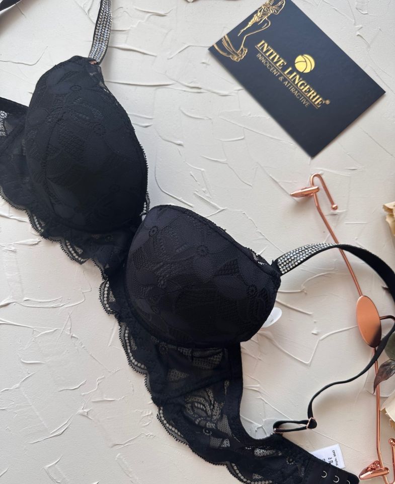 Jasmine Askıları Parlak Taşlı Hafif Destekli Dantelli Soft Cup İthal Sütyen (B-C Cup) Siyah - 85