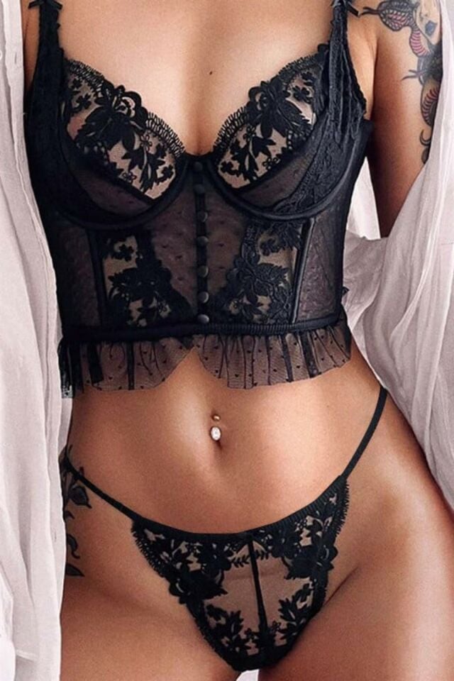YNT Siyah Dantel Detaylı Seksi Bustiyer Takım 16030 Siyah - 2XL-3XL