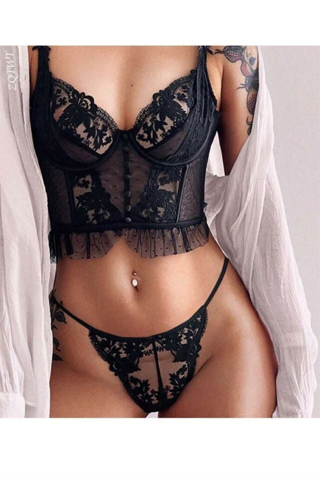 YNT Siyah Dantel Detaylı Seksi Bustiyer Takım 16030 Siyah - 2XL-3XL