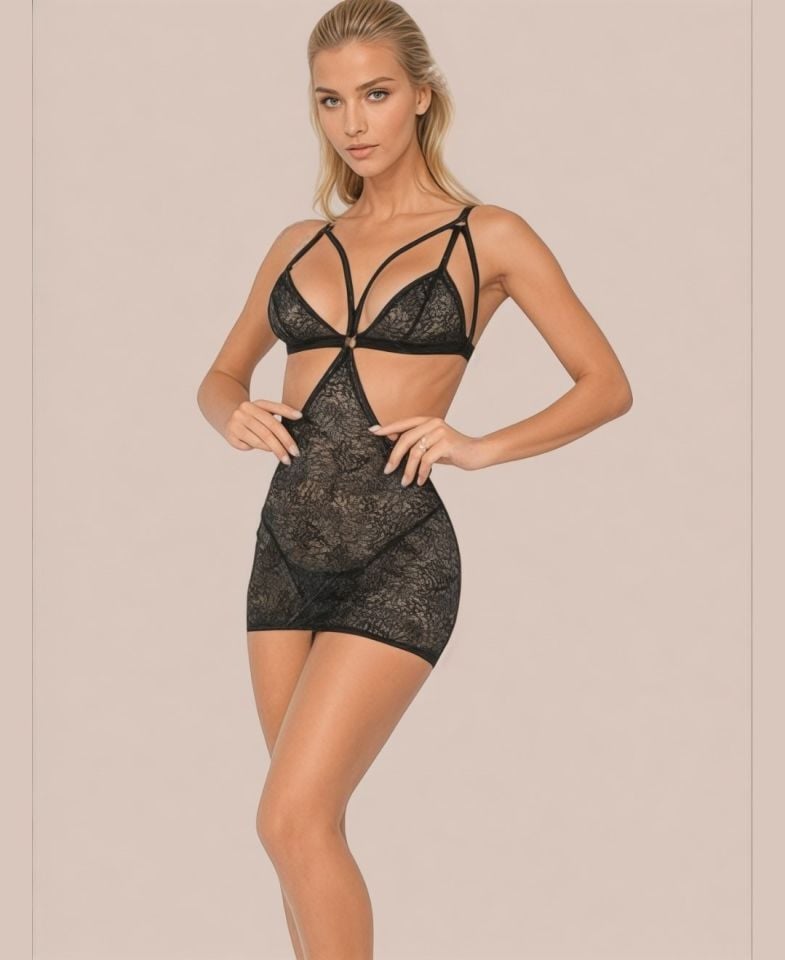 Kadın Tasarım Simli Kumaşlı Cut-out Detaylı Transparan Mini Gecelik String Takım-5160 Siyah - L