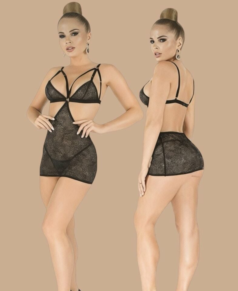 Kadın Tasarım Simli Kumaşlı Cut-out Detaylı Transparan Mini Gecelik String Takım-5160 Siyah - L