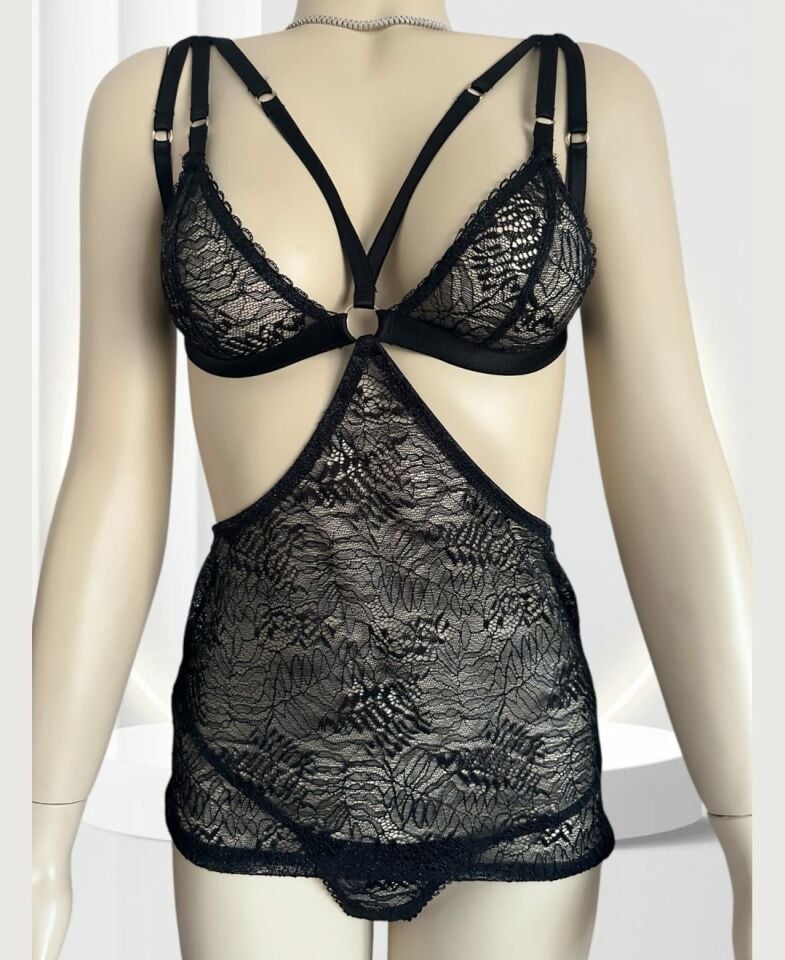 Kadın Tasarım Simli Kumaşlı Cut-out Detaylı Transparan Mini Gecelik String Takım-5160 Siyah - L
