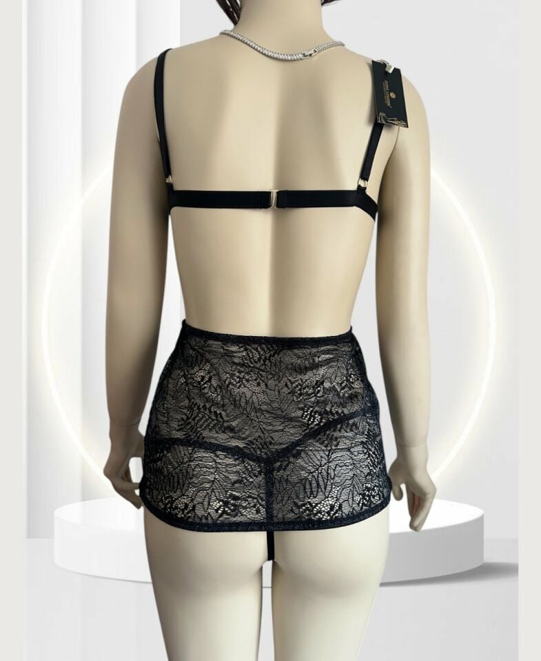 Kadın Tasarım Simli Kumaşlı Cut-out Detaylı Transparan Mini Gecelik String Takım-5160 Siyah - L