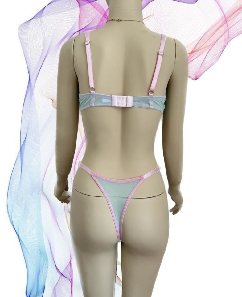 Rainbow Lady Turkuaz Renkli Çiçek Desenli Transparan Sütyen Takım Mavi/Pembe - 75B