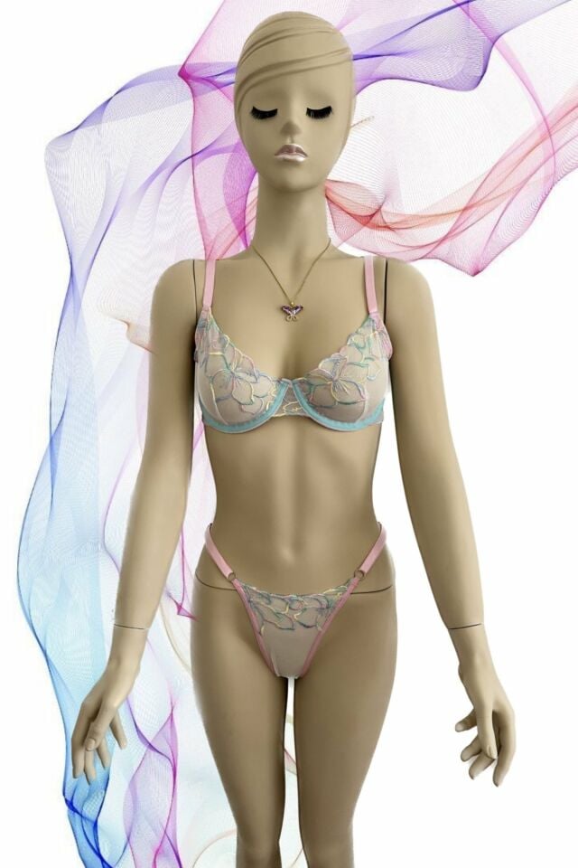 Rainbow Lady Turkuaz Renkli Çiçek Desenli Transparan Sütyen Takım Mavi/Pembe - 75B