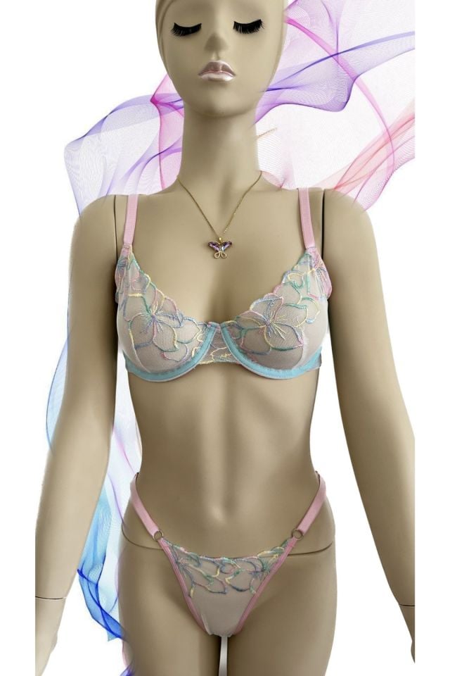 Rainbow Lady Turkuaz Renkli Çiçek Desenli Transparan Sütyen Takım Mavi/Pembe - 75B