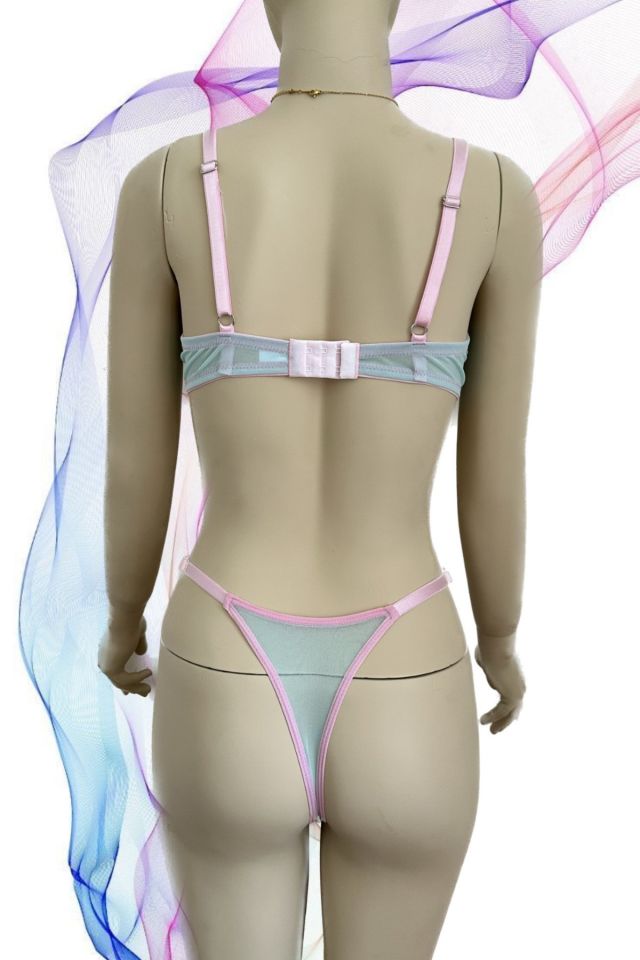 Rainbow Lady Turkuaz Renkli Çiçek Desenli Transparan Sütyen Takım Mavi/Pembe - 75B
