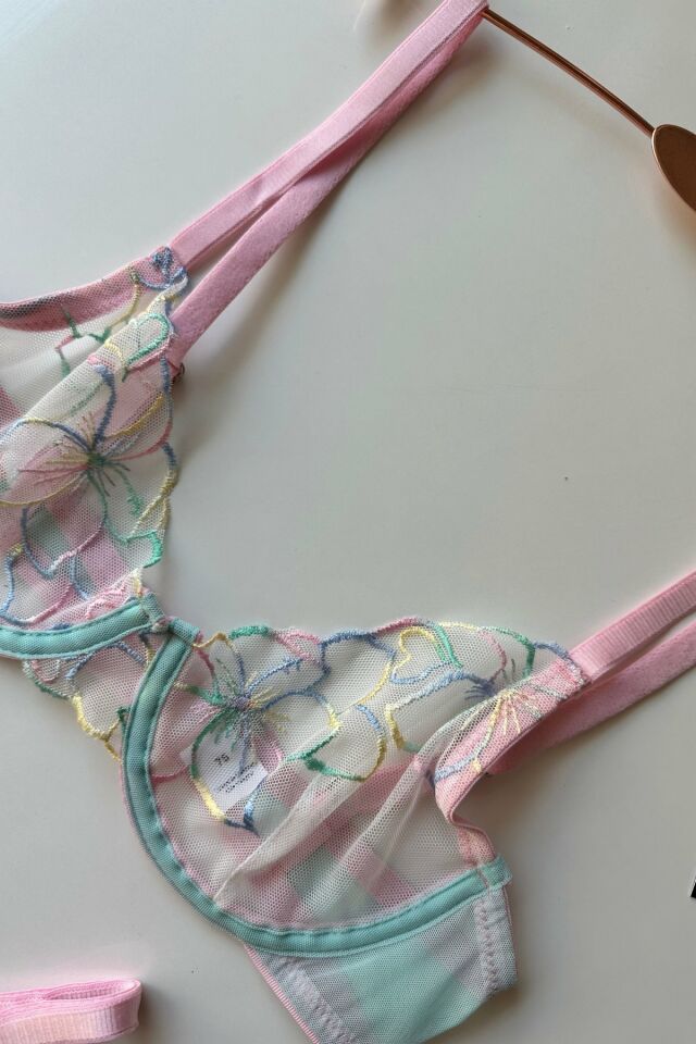 Rainbow Lady Turkuaz Renkli Çiçek Desenli Transparan Sütyen Takım Mavi/Pembe - 75B