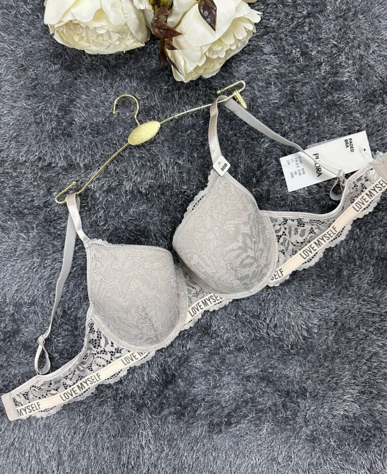 -Love myself- Yazılı Balenli Dantelli Desteksiz B-C Cup Uyumlu Sütyen (Gri,Siyah,Pudra) Gri - 80