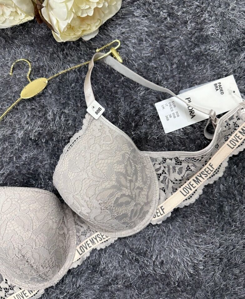 -Love myself- Yazılı Balenli Dantelli Desteksiz B-C Cup Uyumlu Sütyen (Gri,Siyah,Pudra) Gri - 80