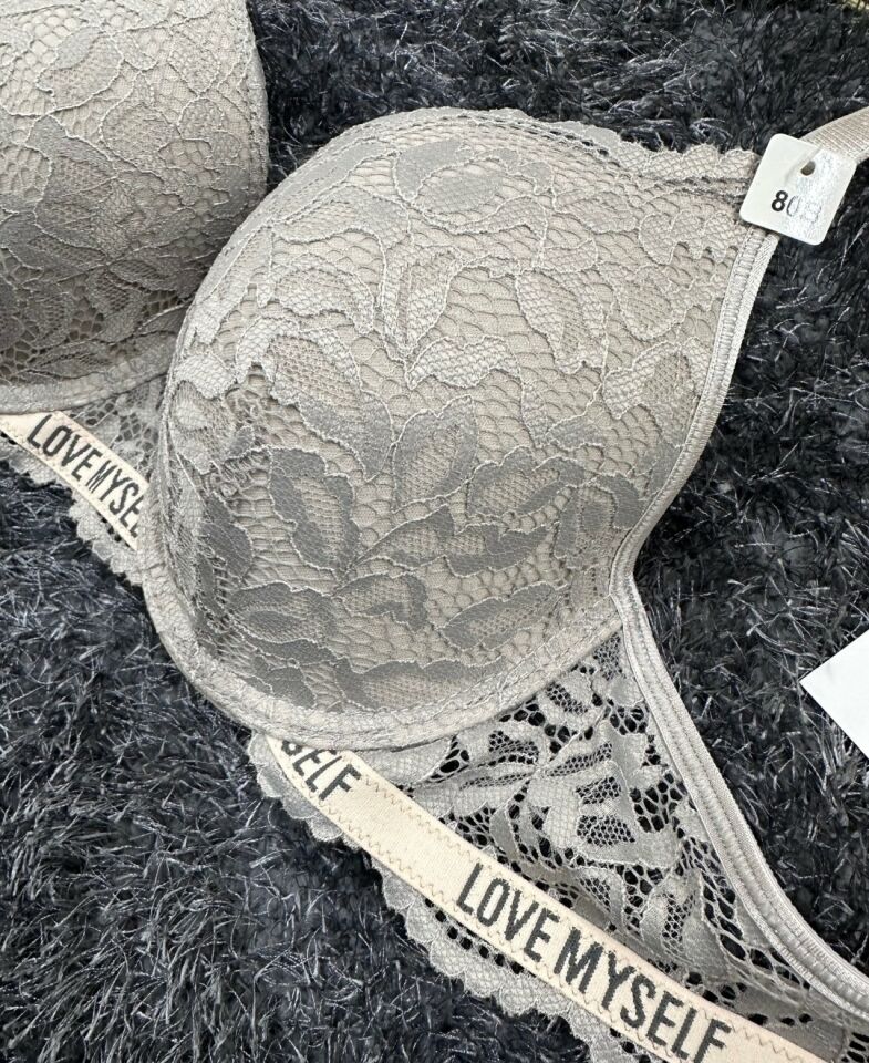 -Love myself- Yazılı Balenli Dantelli Desteksiz B-C Cup Uyumlu Sütyen (Gri,Siyah,Pudra) Gri - 80