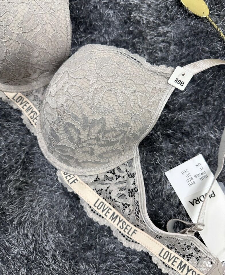 -Love myself- Yazılı Balenli Dantelli Desteksiz B-C Cup Uyumlu Sütyen (Gri,Siyah,Pudra) Gri - 85