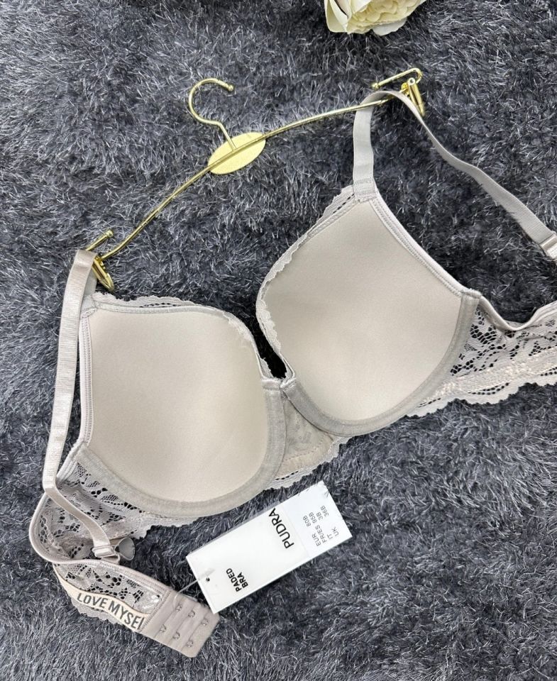 -Love myself- Yazılı Balenli Dantelli Desteksiz B-C Cup Uyumlu Sütyen (Gri,Siyah,Pudra) Gri - 85