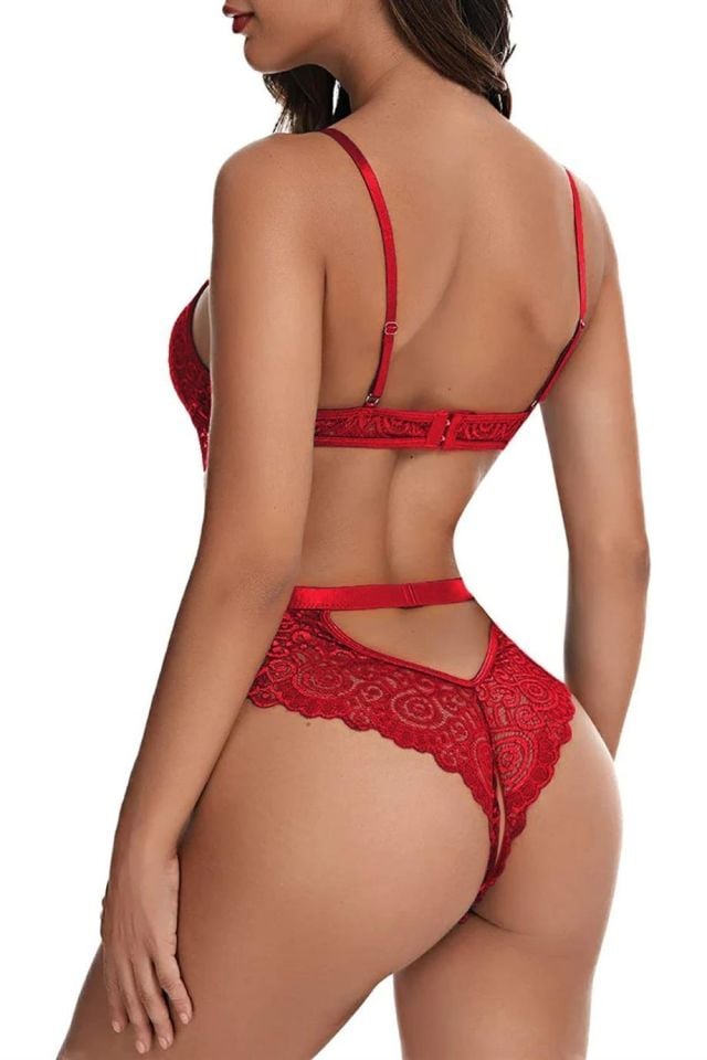 YNT Kırmızı Dantelli Özel Bölgesi Açık Babydoll Gecelik 15051 Kırmızı - 2XL-3XL