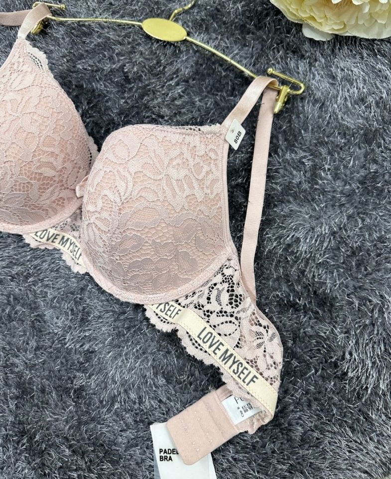 -Love myself- Yazılı Balenli Dantelli Desteksiz B-C Cup Uyumlu Sütyen (Gri,Siyah,Pudra) Pudra  - 75