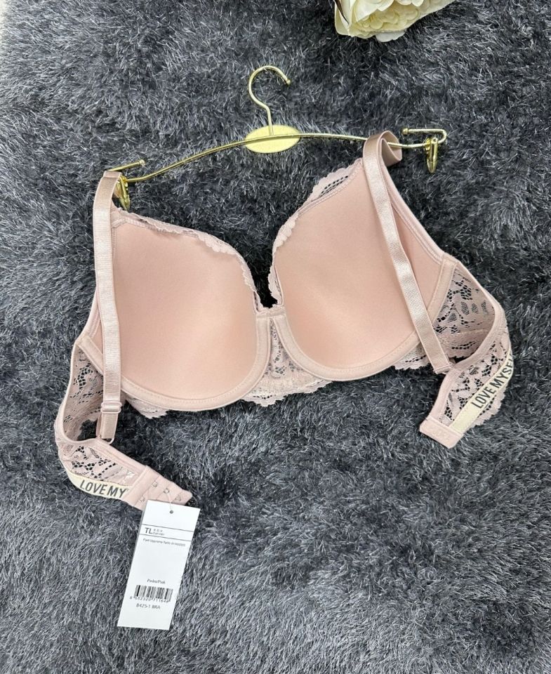 -Love myself- Yazılı Balenli Dantelli Desteksiz B-C Cup Uyumlu Sütyen (Gri,Siyah,Pudra) Pudra  - 90