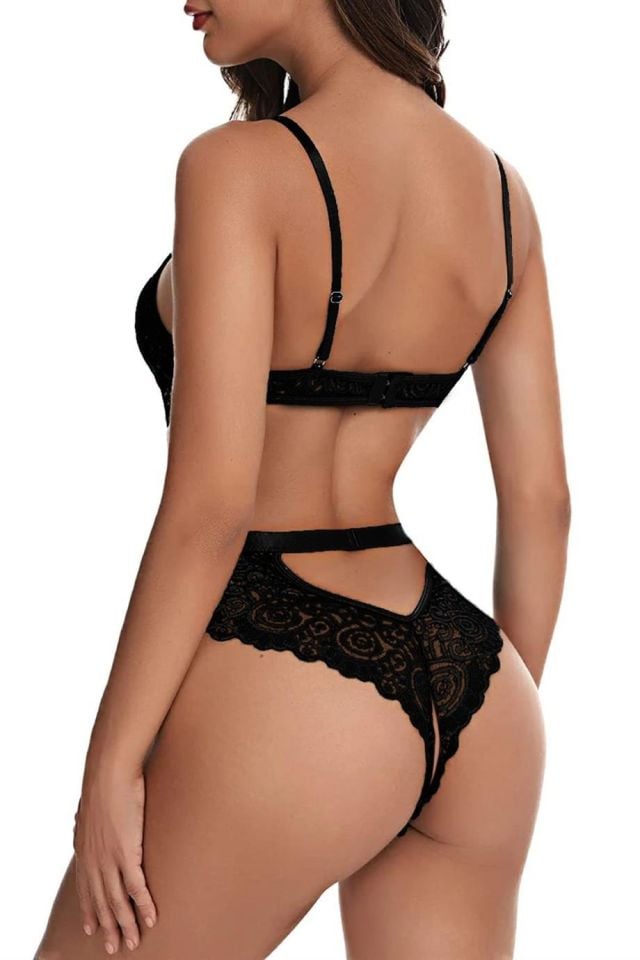 YNT Siyah Dantelli Özel Bölgesi Açık Babydoll Gecelik 15050 Siyah - 2XL-3XL