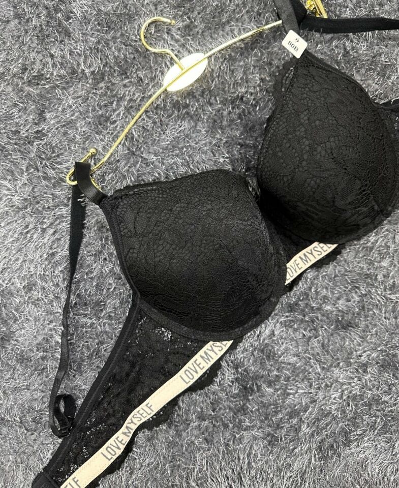 -Love myself- Yazılı Balenli Dantelli Desteksiz B-C Cup Uyumlu Sütyen (Gri,Siyah,Pudra) Siyah - 75