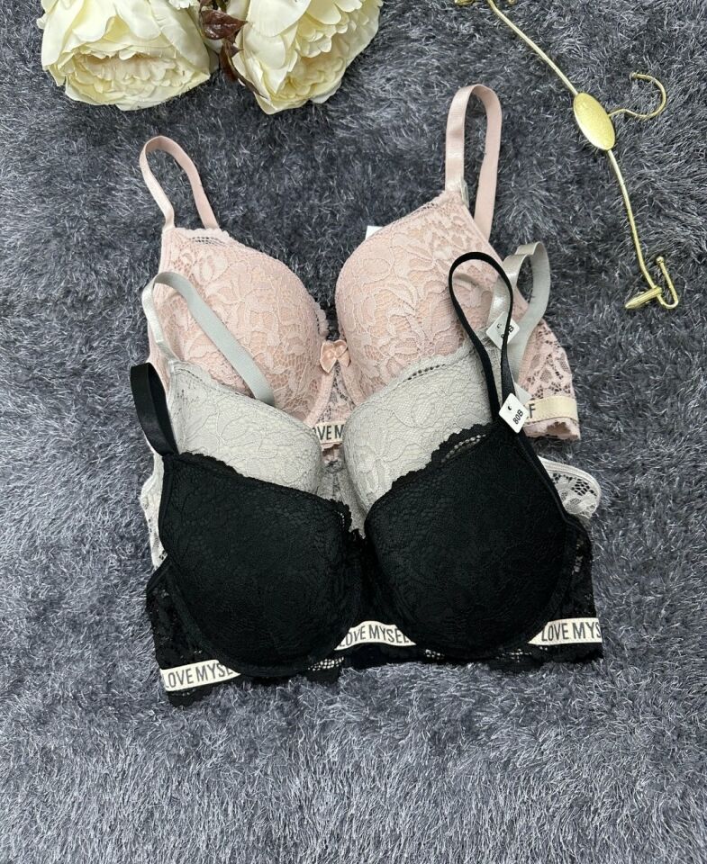 -Love myself- Yazılı Balenli Dantelli Desteksiz B-C Cup Uyumlu Sütyen (Gri,Siyah,Pudra) Siyah - 75
