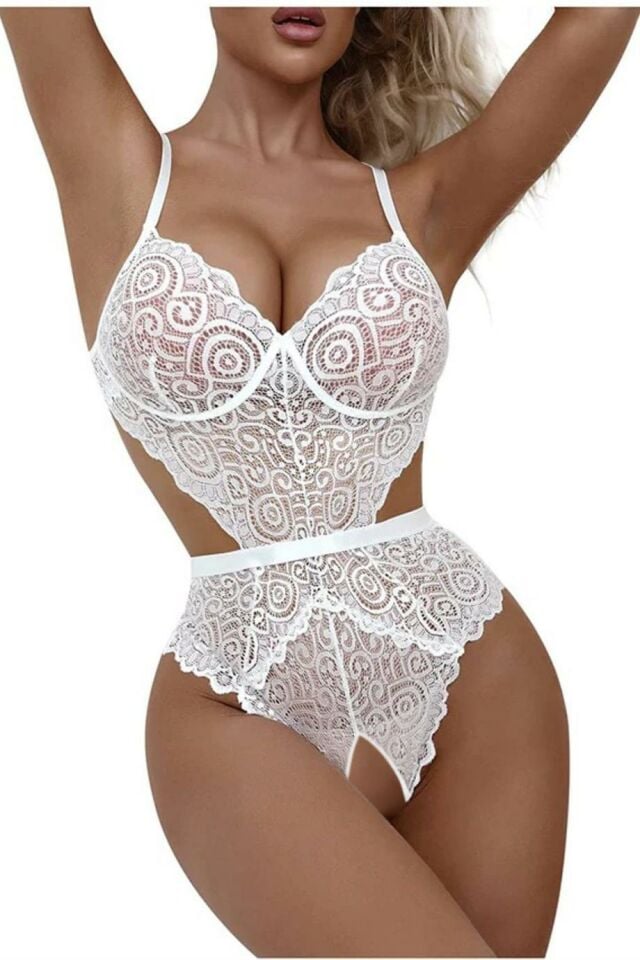 YNT Beyaz Dantelli Özel Bölgesi Açık Babydoll Gecelik 15052 Beyaz - 2XL-3XL
