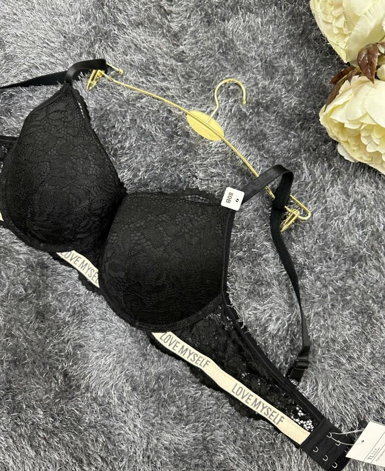 -Love myself- Yazılı Balenli Dantelli Desteksiz B-C Cup Uyumlu Sütyen (Gri,Siyah,Pudra) Siyah - 90