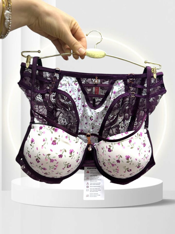 Intive Çiçek Desenli Destekli Tangası Şeritli Tasarım Şık Feminen Sütyen Takım Gri - 85B
